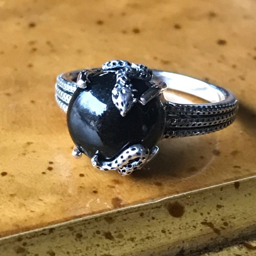 Natural Black Jade Sterling Silver Snake Ring Size 7